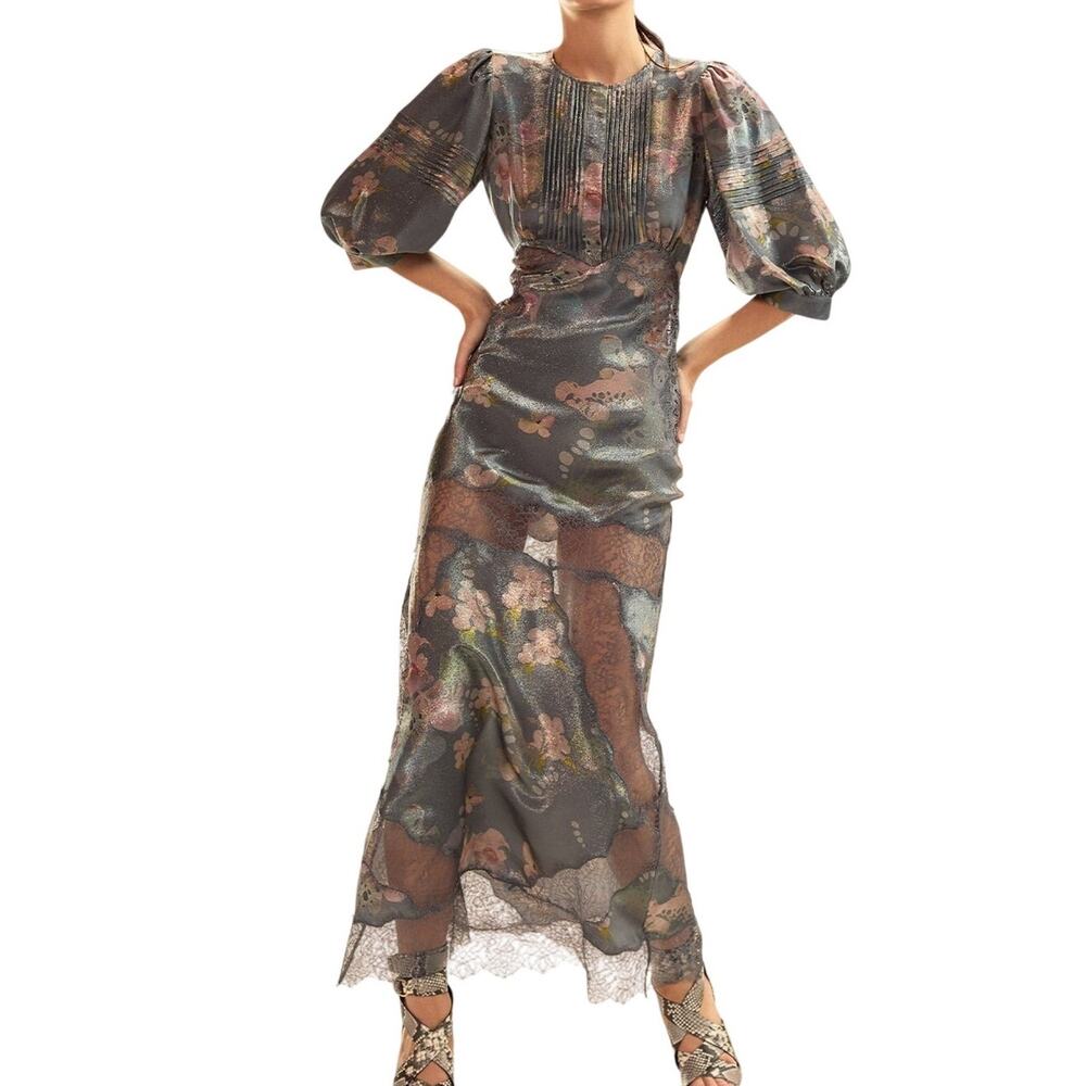 Cynthia Rowley XS Claude Silk Lamé Floral Lace Sheer Maxi Dress Metallic Silver